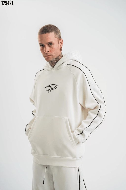 Premium Kalite Kapşonlu Ara Biyeli SweatShirt - Beyaz