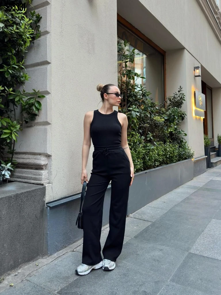 Kadın Kaşkorse Kumaş Atlet ve Yüksek Bel Bol Paça Pantolon İkili Takım