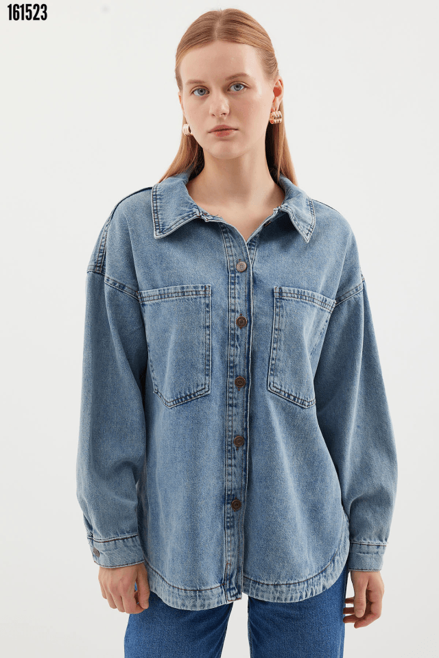 Çift Cepli Oversize Denim Ceket - Buz Mavi