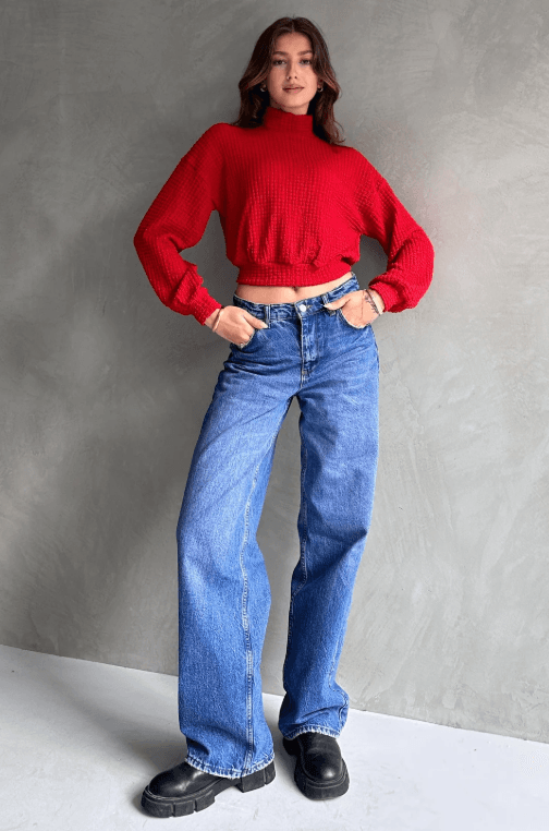 Balıkçı Yaka Dokulu Crop Bluz