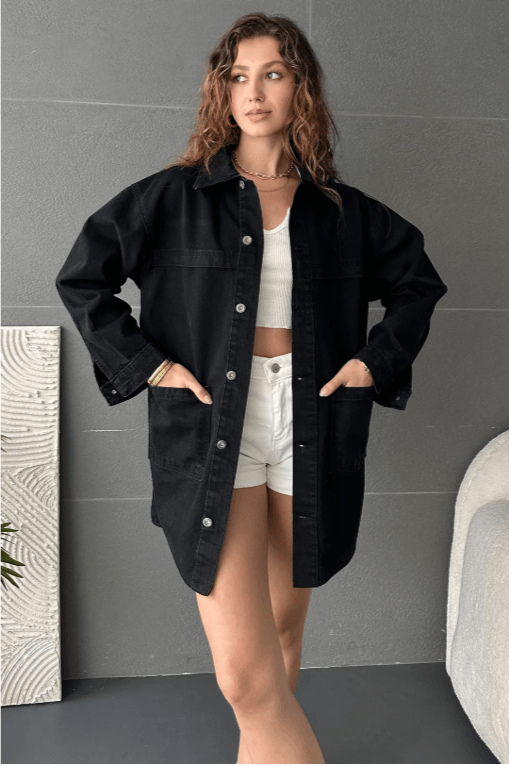 Düğmeli Çift Cep Oversize Denim Gömlek Ceket