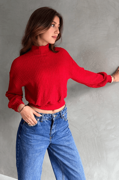Balıkçı Yaka Dokulu Crop Bluz