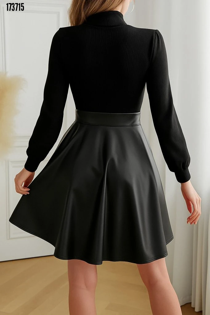 Kadın Deri Detaylı Mini Elbise