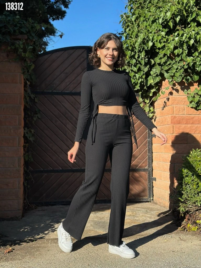 Kadın Yandan Bağlamalı Geniş Paçalı Fitil Kaşkorse İkili Takım