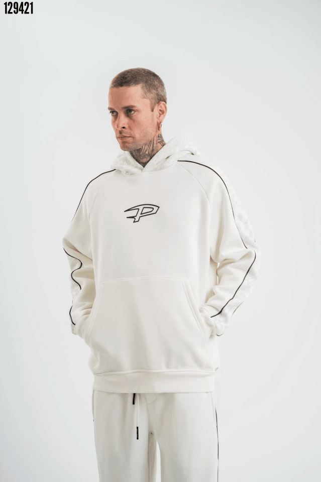 Premium Kalite Kapşonlu Ara Biyeli SweatShirt - Beyaz