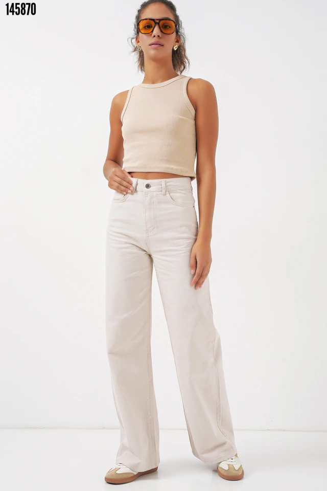 Geniş Paça Yüksek Bel Kot Pantolon - Ekru