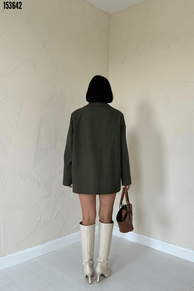Haki Çizgili Oversize Ceket