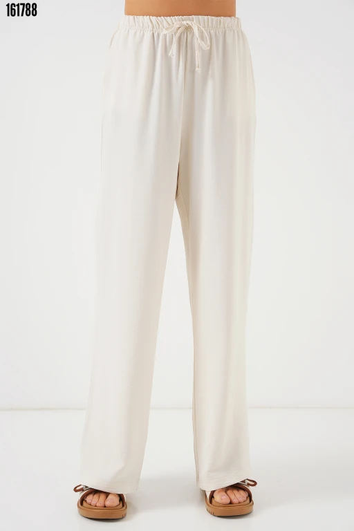 Yüksek Bel Bol Paça Pantolon - Krem