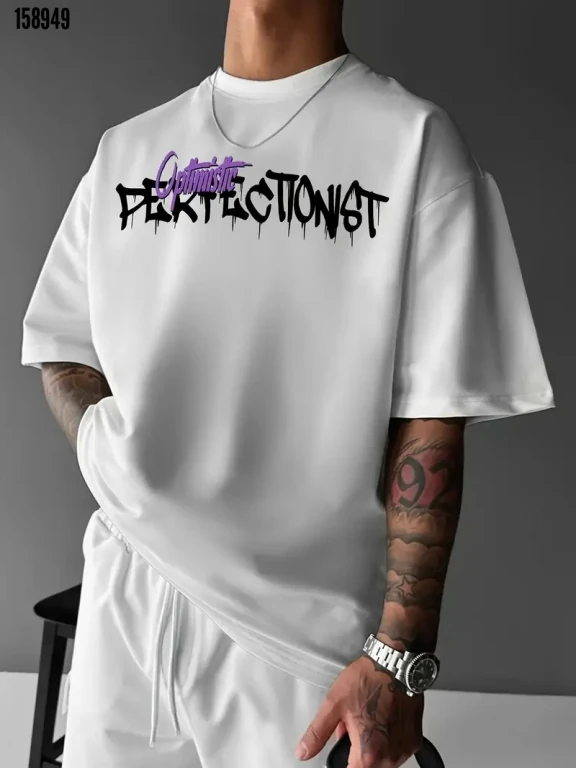 Baskılı Oversize Bisiklet Yaka T-shirt - Beyaz