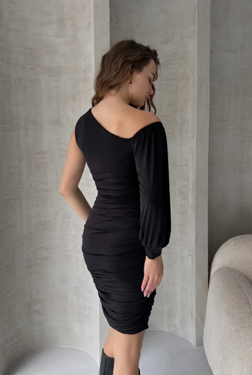 Tek Omuz Drapeli Mini Elbise