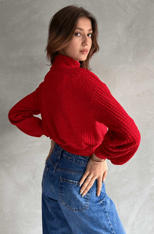 Balıkçı Yaka Dokulu Crop Bluz