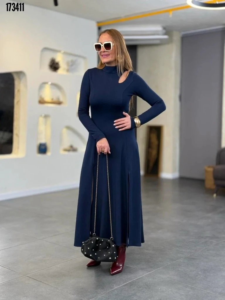 Kadın Yırtmaçlı Uzun Viskon İki İplik Maxi Elbise