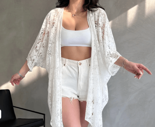 Çicek Desenli Uzun Güpür Kimono