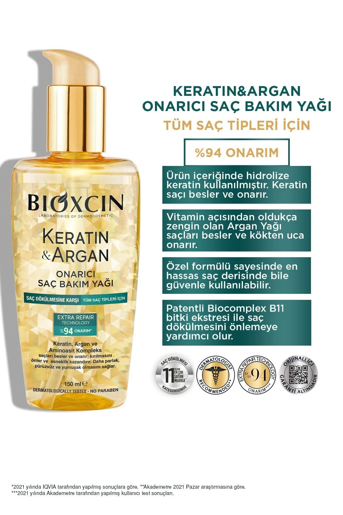 Bioxcin Keratin & Argan Onarıcı Saç Bakım Yağı 150 Ml 