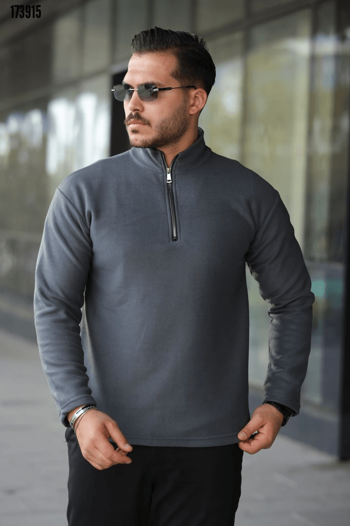 Erkek Trend Zip Yaka Polar Sweatshirt