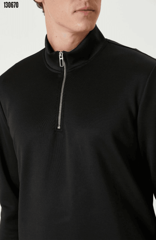 Erkek Yarım Farmuarlı Yakalı Basic SweatShirt - Siyah