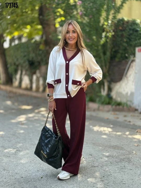 Kadın Ribanali Cep Detay Hırka ve Bol Paça Pantolon İkili Takım