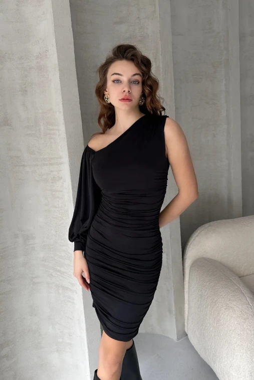 Tek Omuz Drapeli Mini Elbise