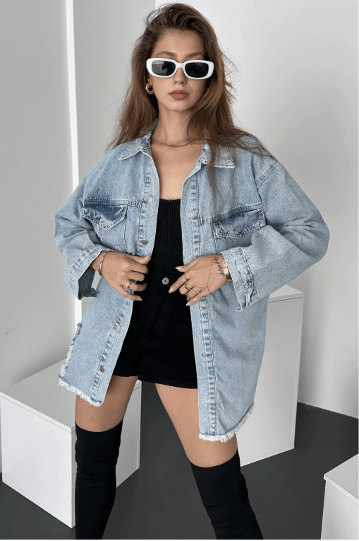 Çift Cepli Yırtık Detaylı Oversize Gömlek Ceket