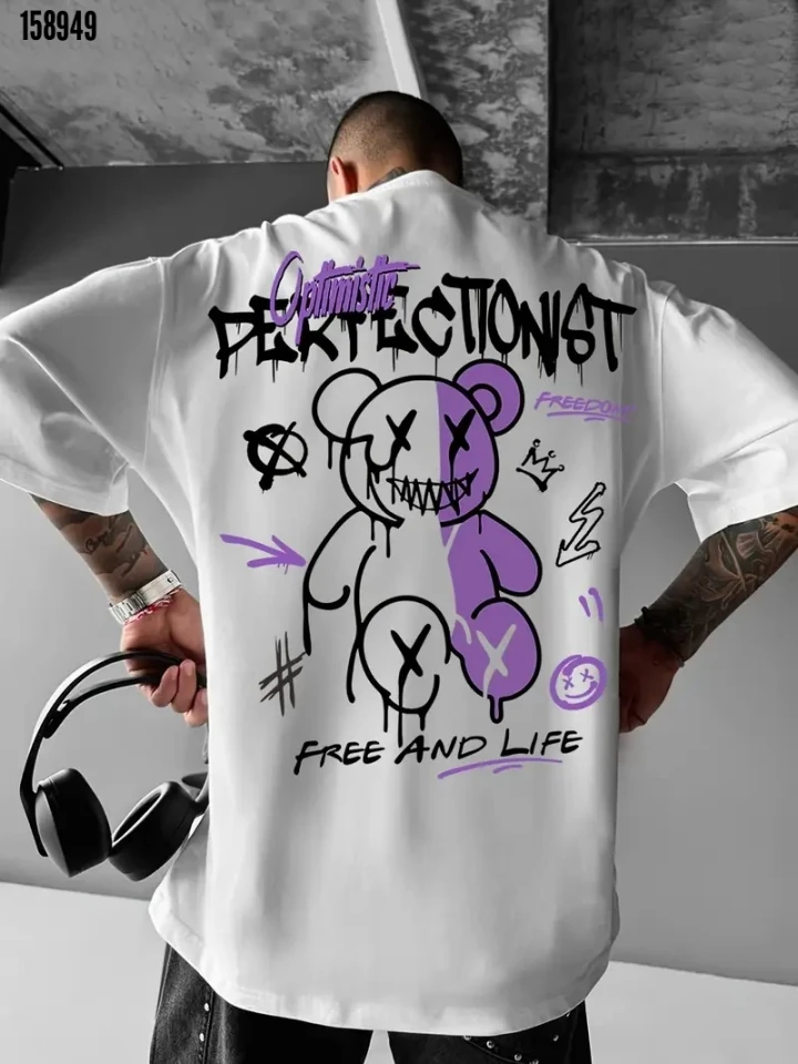 Baskılı Oversize Bisiklet Yaka T-shirt - Beyaz