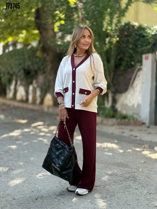 Kadın Ribanali Cep Detay Hırka ve Bol Paça Pantolon İkili Takım