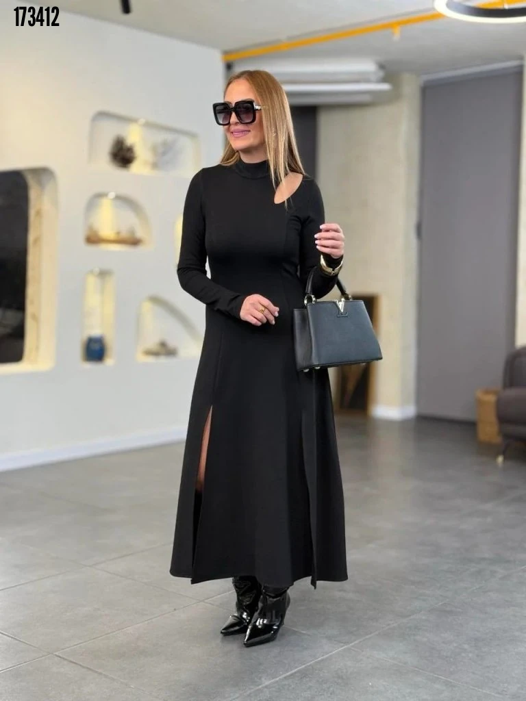 Kadın Yırtmaçlı Uzun Viskon İki İplik Maxi Elbise