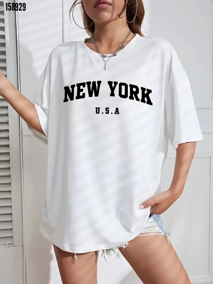 New York Baskılı Oversize Bisiklet Yaka Tshirt
