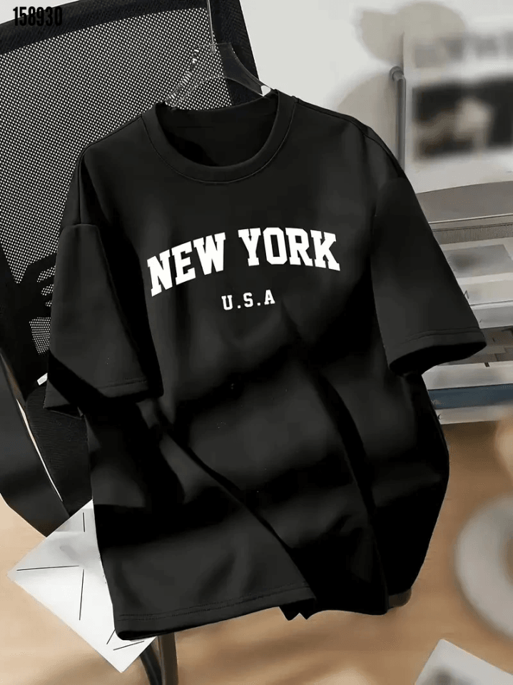 New York Baskılı Oversize Bisiklet Yaka Tshirt