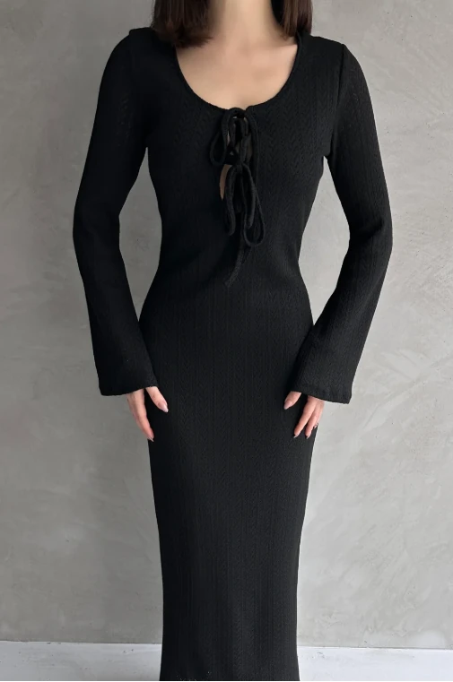 Önü Bağcık Detaylı Maxi Boy Elbise