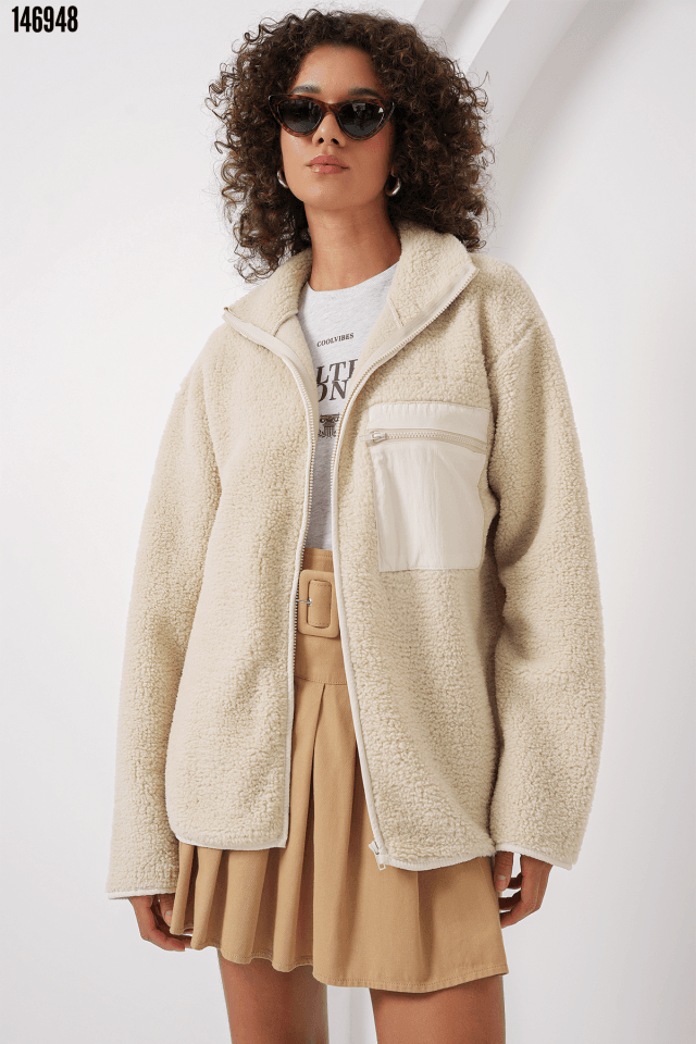 Fermuarlı Oversize Peluş Ceket Mont 