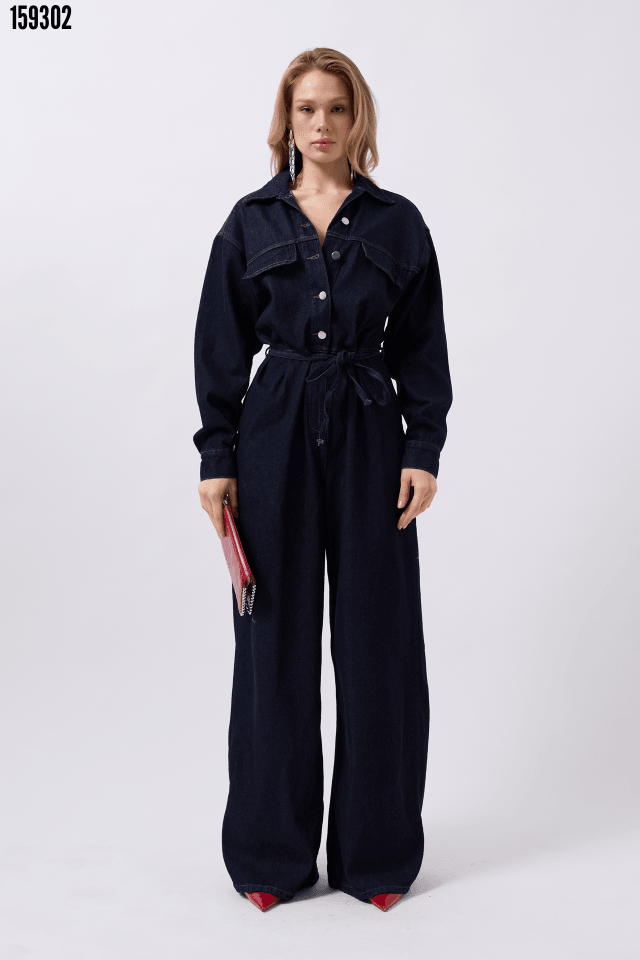 Düğme Detaylı Denim Tulum