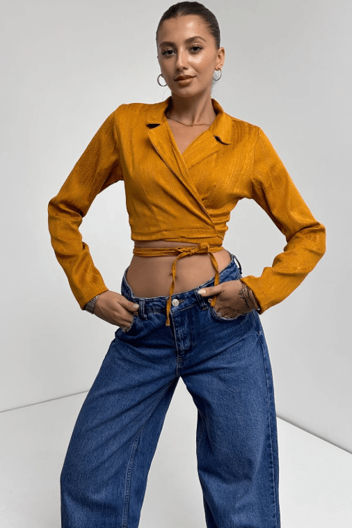 Gömlek Yaka Beli Bağlamalı Crop Bluz