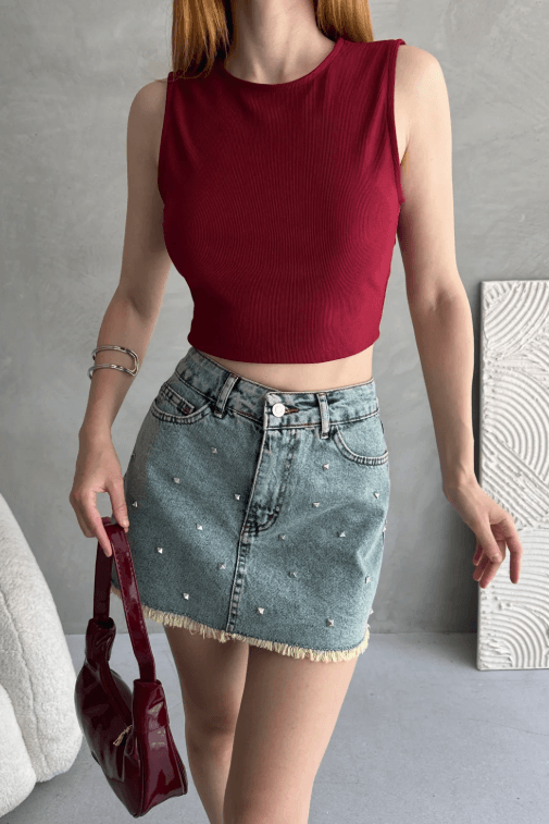 Sırtı Kemer Detaylı Kaşkorse Crop Bluz