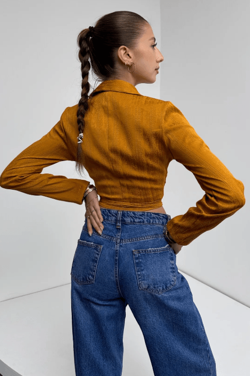 Gömlek Yaka Beli Bağlamalı Crop Bluz