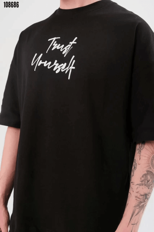 Unisex Bisiklet Yaka Baskılı Oversize T-Shirt - Siyah