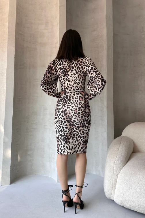 Leopar Desenli Midi Boy Elbise