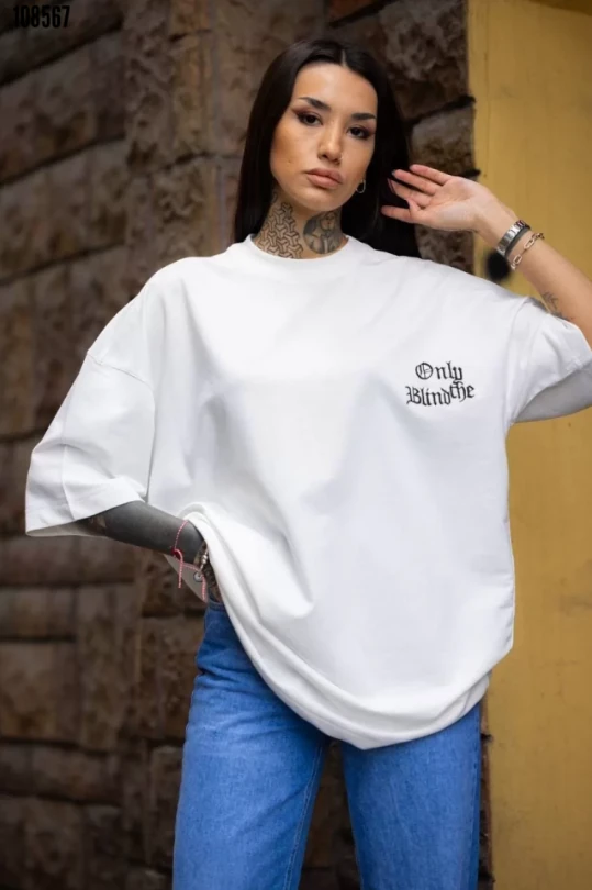 Unisex Bisiklet Yaka Baskılı Oversize TShirt