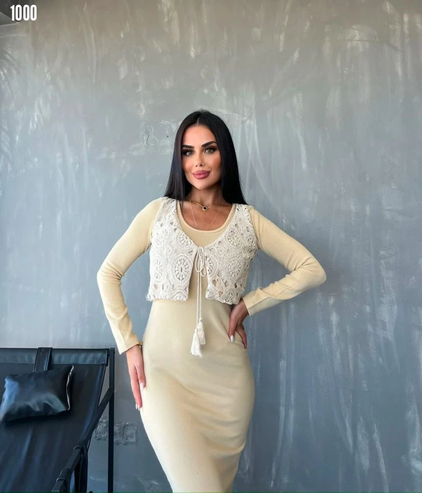 Kadın Midi Boy Elbise ve Dantel Kupür Detay Yelek İkili Takım