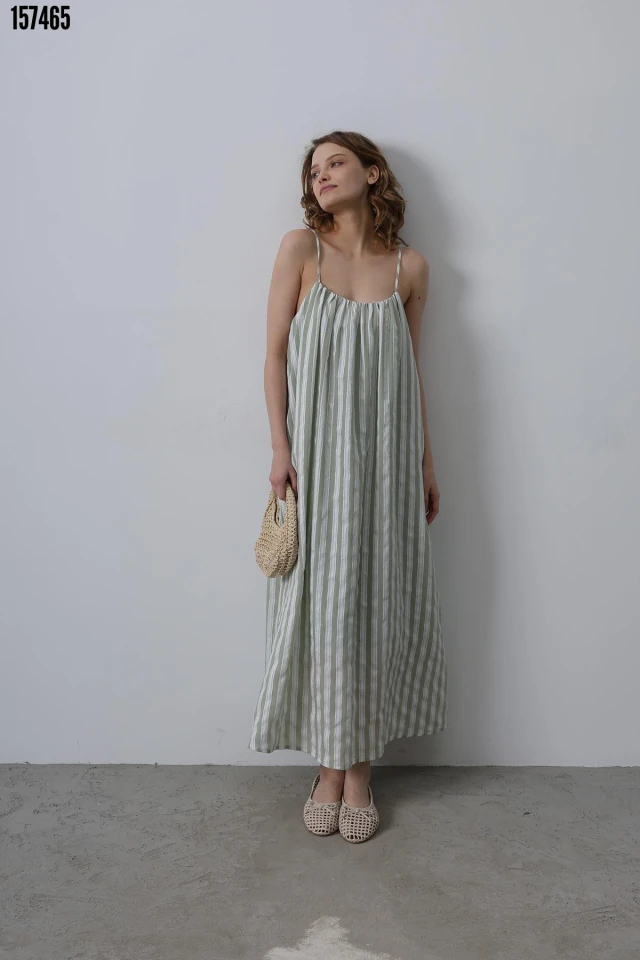 Askılı Çizgi Desen Elbise - Haki