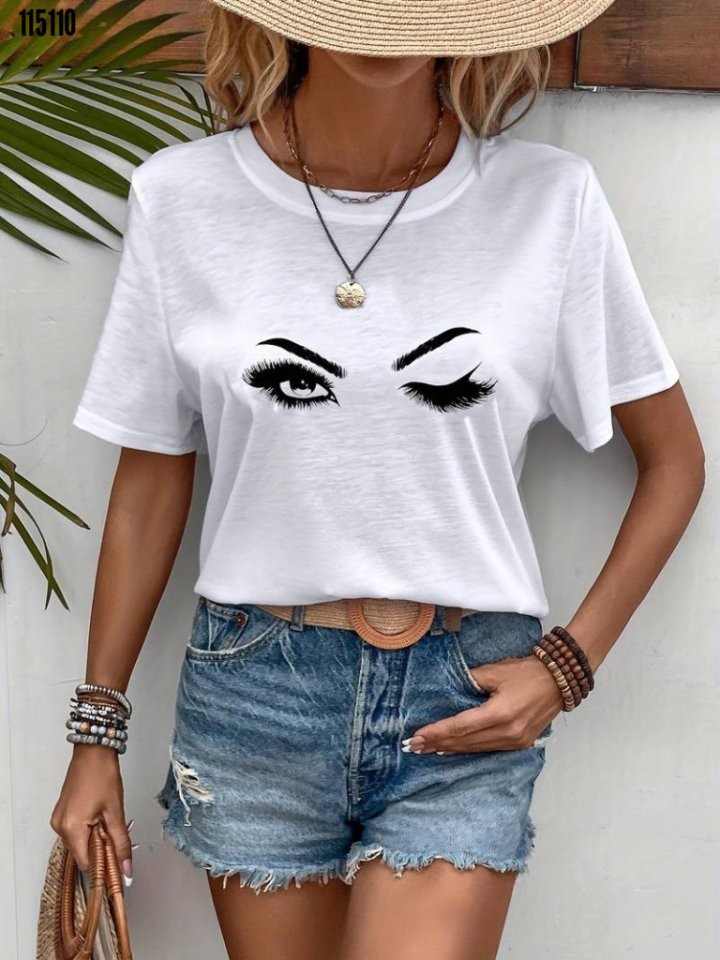 Kadın Bisiklet Yaka Göz Baskılı Süprem Tshirt