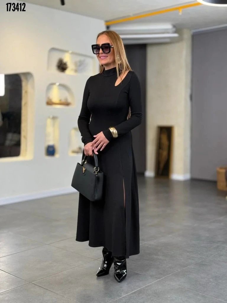 Kadın Yırtmaçlı Uzun Viskon İki İplik Maxi Elbise