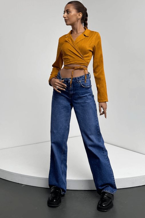 Gömlek Yaka Beli Bağlamalı Crop Bluz