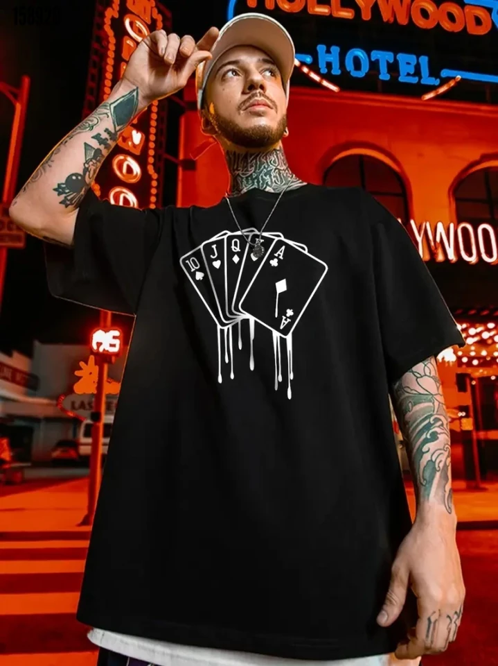 Erkek Kart Baskılı Kısa Kollu Bisiklet Yaka Tişört - Siyah 