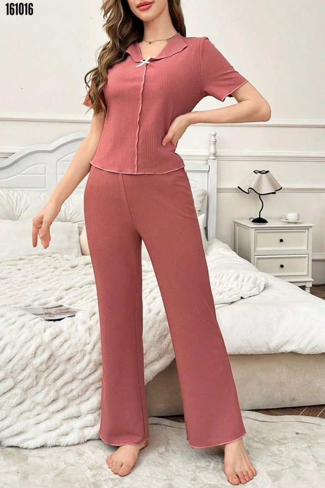 Gül Kurusu Pamuklu Kısa Kollu Pijama Takımı