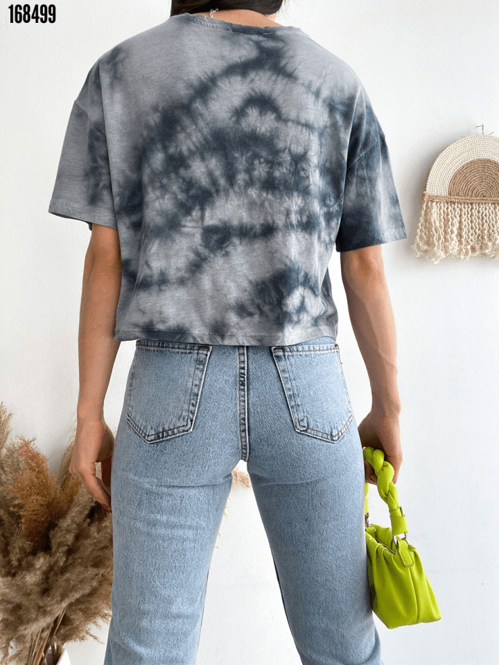 Motosiklet Baskılı Yıkamalı Crop Tişort