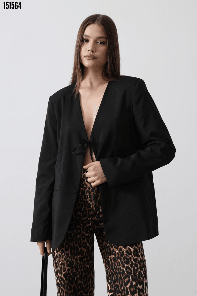 Önü Bağlamalı Blazer Ceket - Siyah