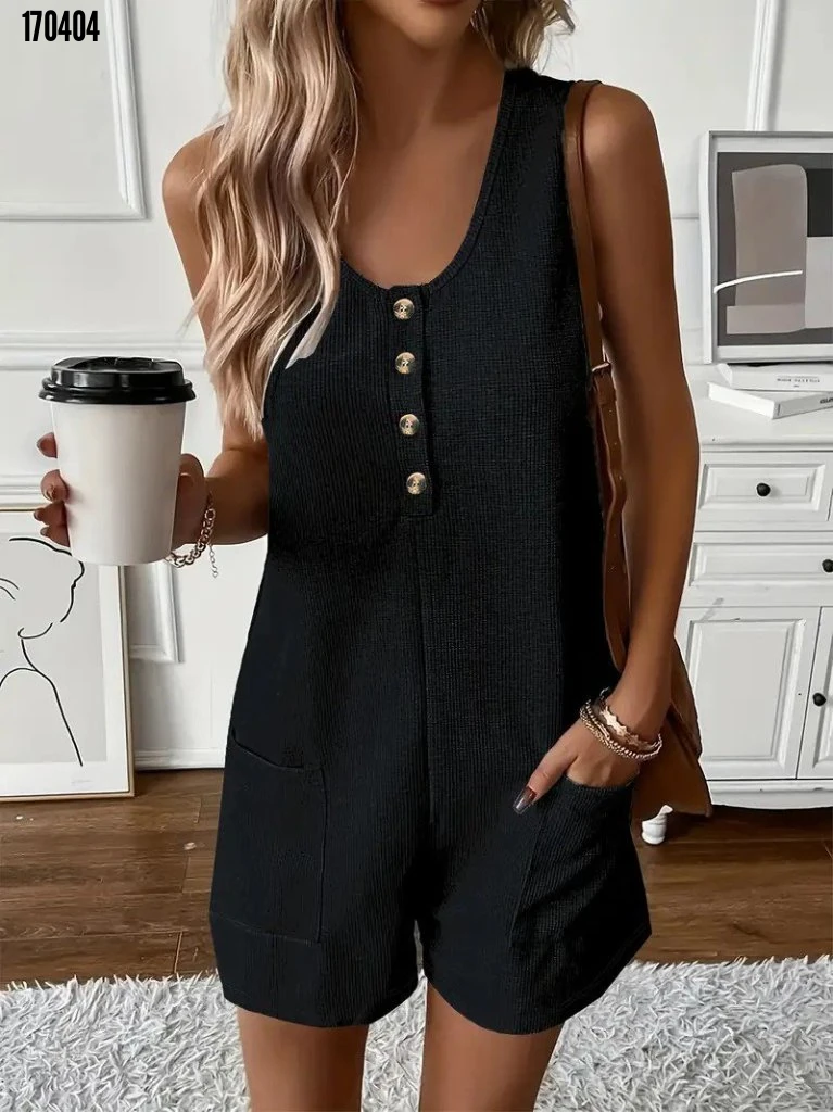 Kadın Askılı Yuvarlak Yaka Düğmeli Waffle Kısa Tulum