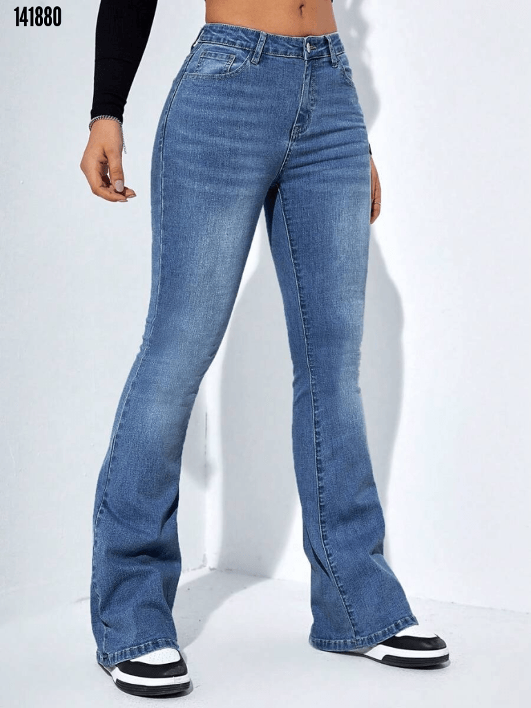 Kadın Yüksek Bel Cepli İspanyol Paça Jeans Pantolon