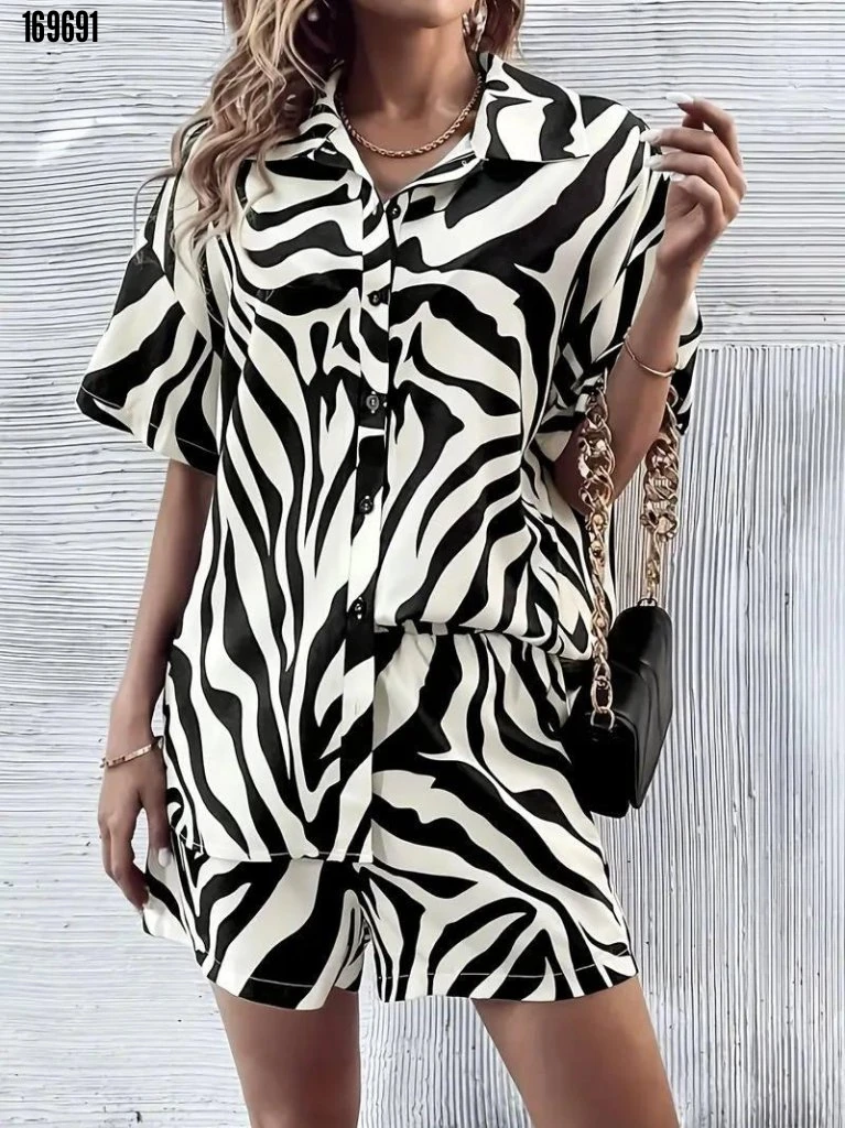 Kadın Zebra Desenli Pamuk-Polyester Kumaş İkili Takım