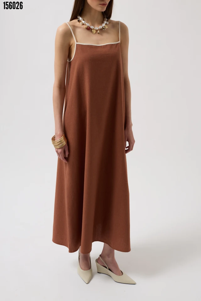 Şerit Detay Keten Maxi Elbise